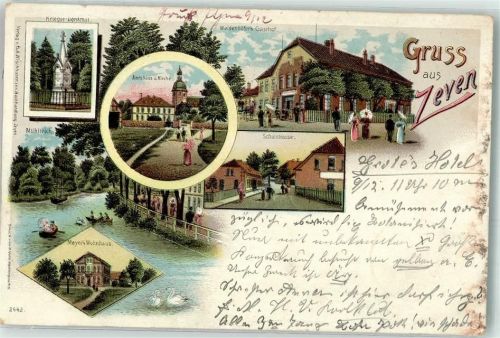 Zeven 1897 Kriegerdenkmal Weidhöfers Gasthaus Amtshaus Kirche Schulstraße Mühlteich Meyers Wohnhaus