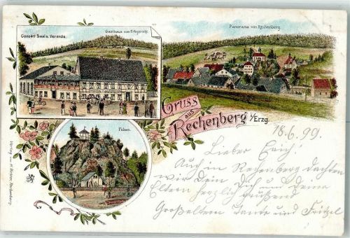 09623 O9213 Rechenberg-Bienenmühle 1899 Lithographie Gasthaus Zum Erbgericht Felsen