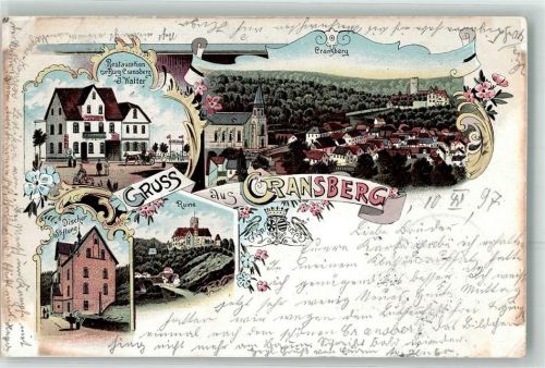 61250 W6390 Kransberg , Taunus 1897 Lithographie Gasthaus Zur Burg J. Walter Discher Stiftung Ruine