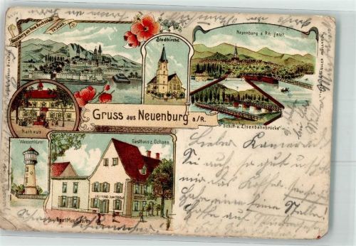 Neuenburg 1912 Stadtkirche Schiff- und Eisenbahn- Brücke Rathaus Wasserturm Gasthaus Zum Ochsen Lithographie