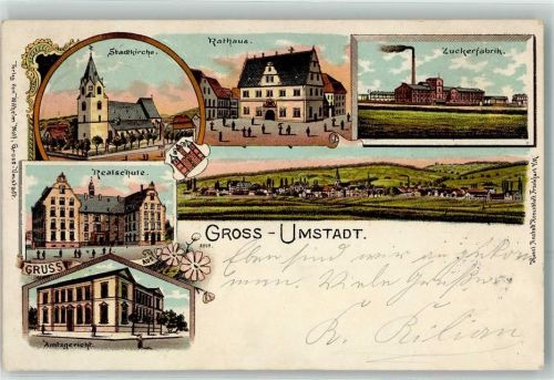 64823 W6114 Groß-Umstadt 1898 Lithographie Stadtkirche Rathaus Zuckerfabrik Realschule Amtsgericht Bahnpost Darmstadt - Eberbach Zug 729
