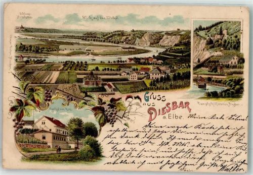 01612 O8401 Diesbar-Seußlitz 1899 Lithographie Schloss Hirschstein Elbtal Dampfschiffstation Gasthaus Zum Ross