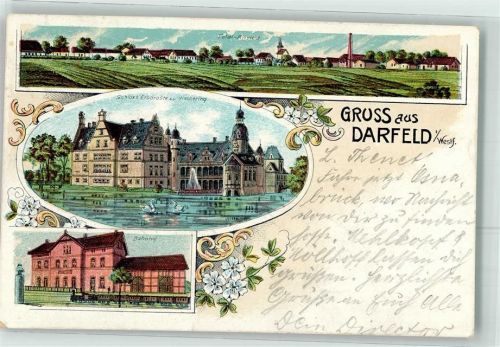 48720 W4428 Darfeld 1904 Lithographie Schloss Erbdroste zu Vischeing Bahnhof Eisenbahn Bahnpost Oberhausen Zug 677