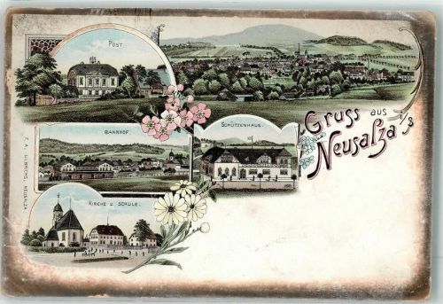 02742 O8713 Neusalza-Spremberg Lithographie Post Bahnhof Kirche Schule Schützenhaus