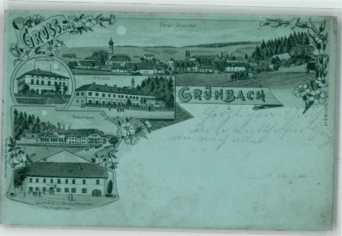 85461 W8059 Grünbach b Erding 1903 Lithographie / Mondschein Schulhaus Schloss Brauhaus Gasthaus Jos. Eschbaumer Postagentur