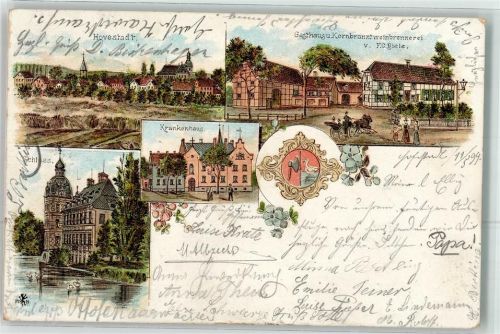 59510 W4775 Hovestadt 1899 Lithographie Gasthaus Kornbranntweinbrennerei F. C. Biele Krankenhaus Schloss