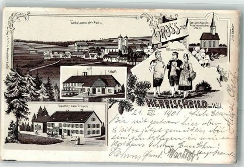 79737 W7881 Herrischried 1901 Lithographie Oedsland Kapelle Aussichtsturm Hotzenwälder Tracht Geschäft P. Matt Gasthaus Zum Ochsen