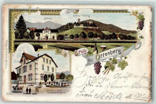 77799 W7601 Ortenberg , Baden 1900 Lithographie Bahnhof Schloss Bahnhofs Gasthaus Erasmus Ringwald