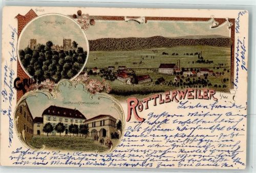 79539 W7850 Röttlerweiler , Baden 1898 Lithographie Röttler Schloss Gasthaus