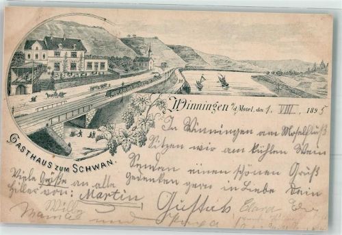 56333 W5406 Winningen , Mosel 1895 Gebrauchsspuren Eisenbahn Gasthaus Zum Schwan Vorläufer Lithographie