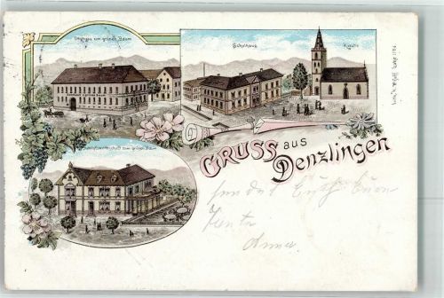 79211 W7819 Denzlingen 1897 Lithographie Gasthaus Zum grünen Baum Schulhaus Kirche Bahnhof Gasthaus
