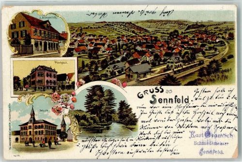 Sennfeld Geschäft J. A. Gramlich Pfarrhaus Schule Insel beim Schloss Bahnhof Eisenbahn