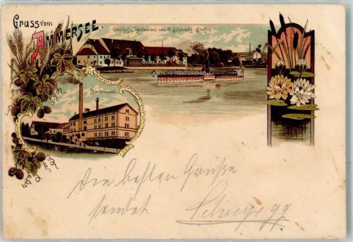 82266 W8084 Buch a Ammersee 1900 Lithographie Bierbrauerei Gasthaus O. Schreyegg Raddampfer Seerosen