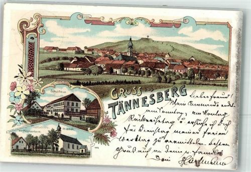92723 W8481 Tännesberg 1899 Lithographie Schulhaus Wallfahrtskirche St. Jodok Messnerhaus