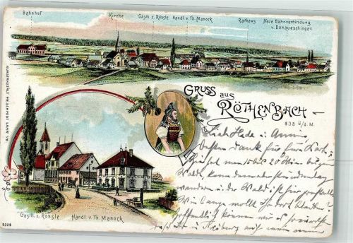 Rötenbach 1917 Bahnhof Kirche Gasthaus Zum Rössle Handlung Th. Manock Rathaus Tracht Lithographie