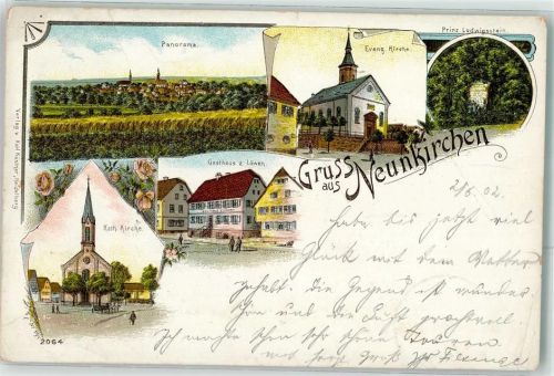 74867 W6951 Neunkirchen b Mosbach, Baden 1902 Lithographie Ev. Kirche Prinz Ludwigsstein Kath. Kirche Gasthaus Zum Löwen Bahnpost Meckesheim - Neckarelz Zug 138