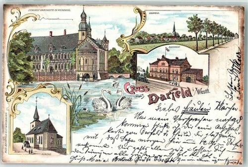 48720 W4428 Darfeld 1898 Lithographie Schloss Erbdroste zu Fischering Kirche Bahnhof Eisenbahn Schwäne