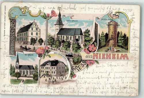 Nieheim 1904 Rathaus Kath. Kirche Holster Turm Ev. Kirche Kath. Knabenschule Lithographie