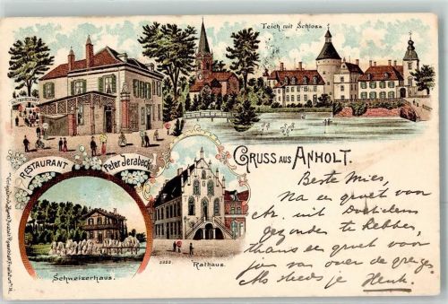 46419 W4294 Anholt , Westf 1899 Lithographie Gasthaus Peter Jerabeck Schweizerhaus Rathaus Teich Schloss