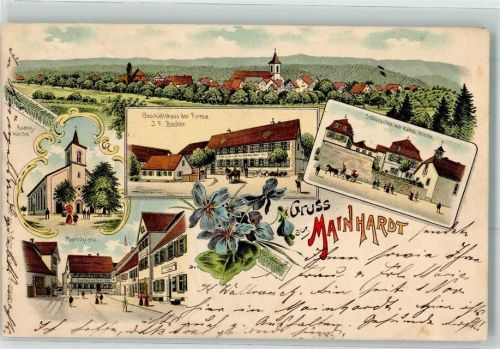 74523 W7173 Mainhardt 1902 Lithographie Marktplatz Ev. Kirche Geschäftshaus Firma J. F. Bacher Schlösschen Kath. Kirche