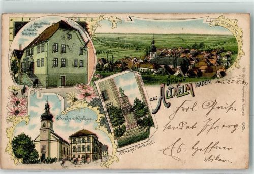 Altenheim 1904 Geschäftshaus J. Herkert Kaiserl. Postagentur Kirche Schulhaus Kriegerdenkmal