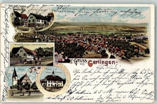 70839 W7016 Gerlingen , Württ 1903 Lithographie bäckerei Handlung Karl Höschele Gasthaus Zur Linde Gottlieb Höschele Kirche Rathaus Urbans Brunnen