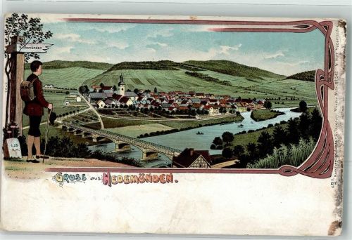 34346 W3510 Hedemünden 1915 Lithographie Brücke Wegweiser Wanderer