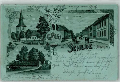 Sehlde 1900 Kirche Innerstebrücke Lithographie/Mondschein