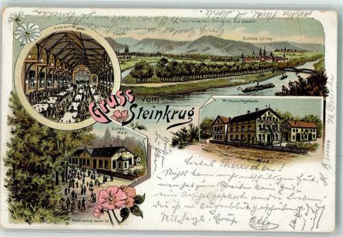 37691 W3474 Boffzen 1900 Lithographie Gasthaus Steinkrug Eichenwald Konzerthalle Wirtschaftsgebäude Schloss Corvey