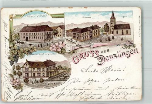 79211 W7819 Denzlingen Lithographie Gasthaus Zum grünen Baum Schulhaus Kirche