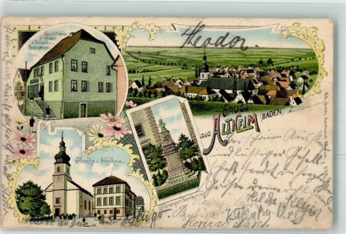 Altenheim 1904 Geschäftshaus J. Herkert Kaiserl. Postagentur Kirche Schulhaus Kriegerdenkmal