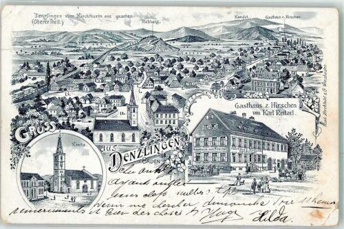 79211 W7819 Denzlingen Gebrauchsspuren Kirche Gasthaus Zum Hirschen Karl Reitzel Lithographie