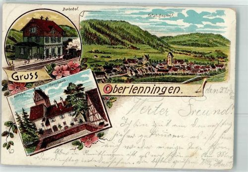 Oberlenningen 1903 Bahnhof Kirche Pfarrhaus Lithographie