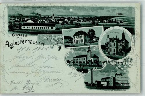 74858 W6955 Aglasterhausen 1900 Lithographie / Mondschein Haus Otto Grimm Villa Rüdinger Ev. und Kath. Kirche Dampfziegelei elektr. Drahtseilbahn