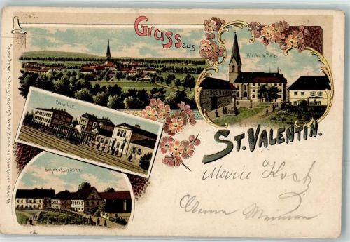 St. Valentin Bahnhof Eisenbahn Kirche Bahnhofstrasse Lithographie