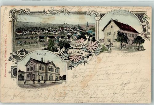 74743 W6966 Seckach Lithographie Bahnhof Gasthaus Zum Lamm