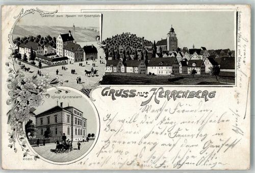 71083 W7033 Herrenberg im Gäu 1900 Gebrauchsspuren Gasthaus Zum Hasen Hasenplatz Königl. Kameralamt Lithographie