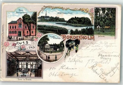 Bordesholm 1899 Stiefmütterchen Hotel Alter Haidkrug Veranda Pavillon Bellevue Bahnpost Hamburg-Kiel Zg. 663