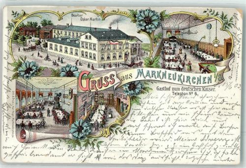 08258 O9659 Markneukirchen Gebrauchsspuren Gasthaus zum Deutschen Kaiser Speisesaal Billardtisch Lithographie