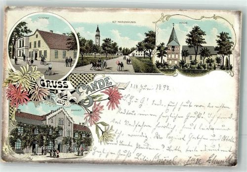 Sande 1898 Gasthaus Bahnhof Alt-Marienhausen Kirche Bahnpost Bremen-Wilhelmshaven Zg. 9