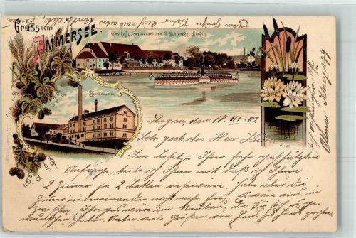82266 W8084 Stegen a Ammersee 1902 Lithographie Gasthaus O. Schreyegg Raddampfer Bierbrauerei Seerosen