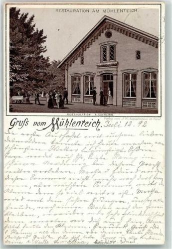 26340 W2932 Zetel 1892 Lithographie Vorläufer Gasthaus am Mühlenteich Ort lt. Stempel