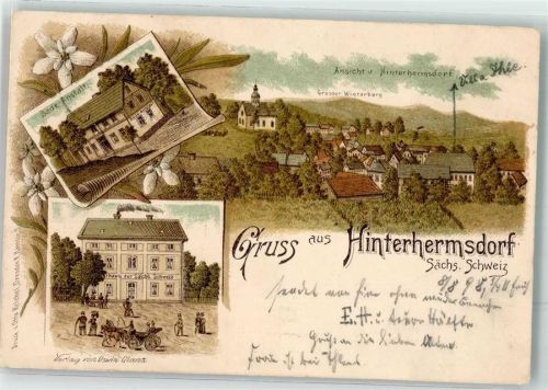 01855 O8361 Hinterhermsdorf 1898 Lithographie Bade-Anstalt Gasthauszur Sächsischen Schweiz