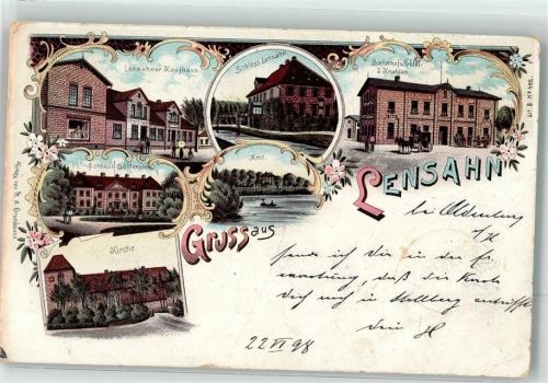23738 W2432 Lensahn 1898 Lithographie Kaufhaus Lensahner Schloß Lensahn Bahnhofs-Hotel Schloß Güldenstein