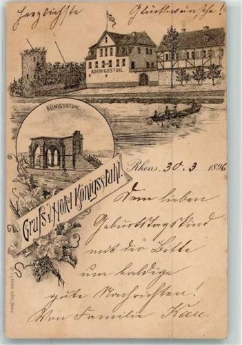 56321 W5401 Rhens 1896 Gebrauchsspuren Vorläufer Hotel Königsstuhl Turm Lithographie
