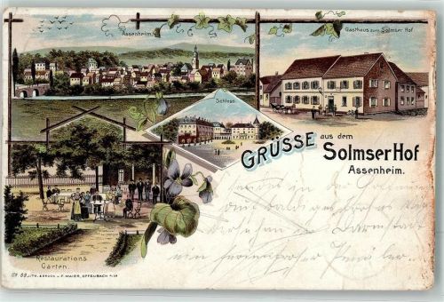 Assenheim, Hess 1897 Schloss Gasthaus zum Solmer Hof Veranda Lithographie