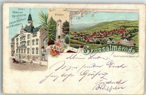 37247 W3432 Großalmerode 1905 Gebrauchsspuren Hotel-Gasthaus Ratskeller Neues Rathaus Bilsteinturm Lithographie