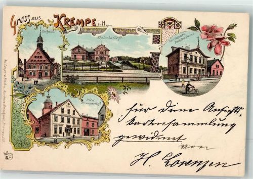 25361 W2204 Krempe , Holst 1902 Lithographie Ahsbach-Stift Hotel Kremper Hof Rathaus Buchdruckerei Caspar