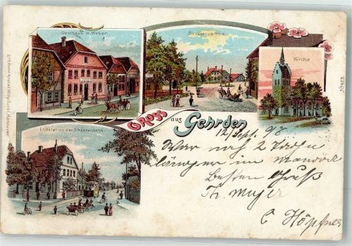 Gehrden 1898 Kirche Gasthaus Weber Straßenbahn-Endstation Lithographie