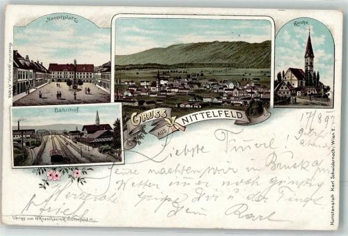 8720 Knittelfeld 1897 Lithographie Hauptplatz Bahnhof Kirche